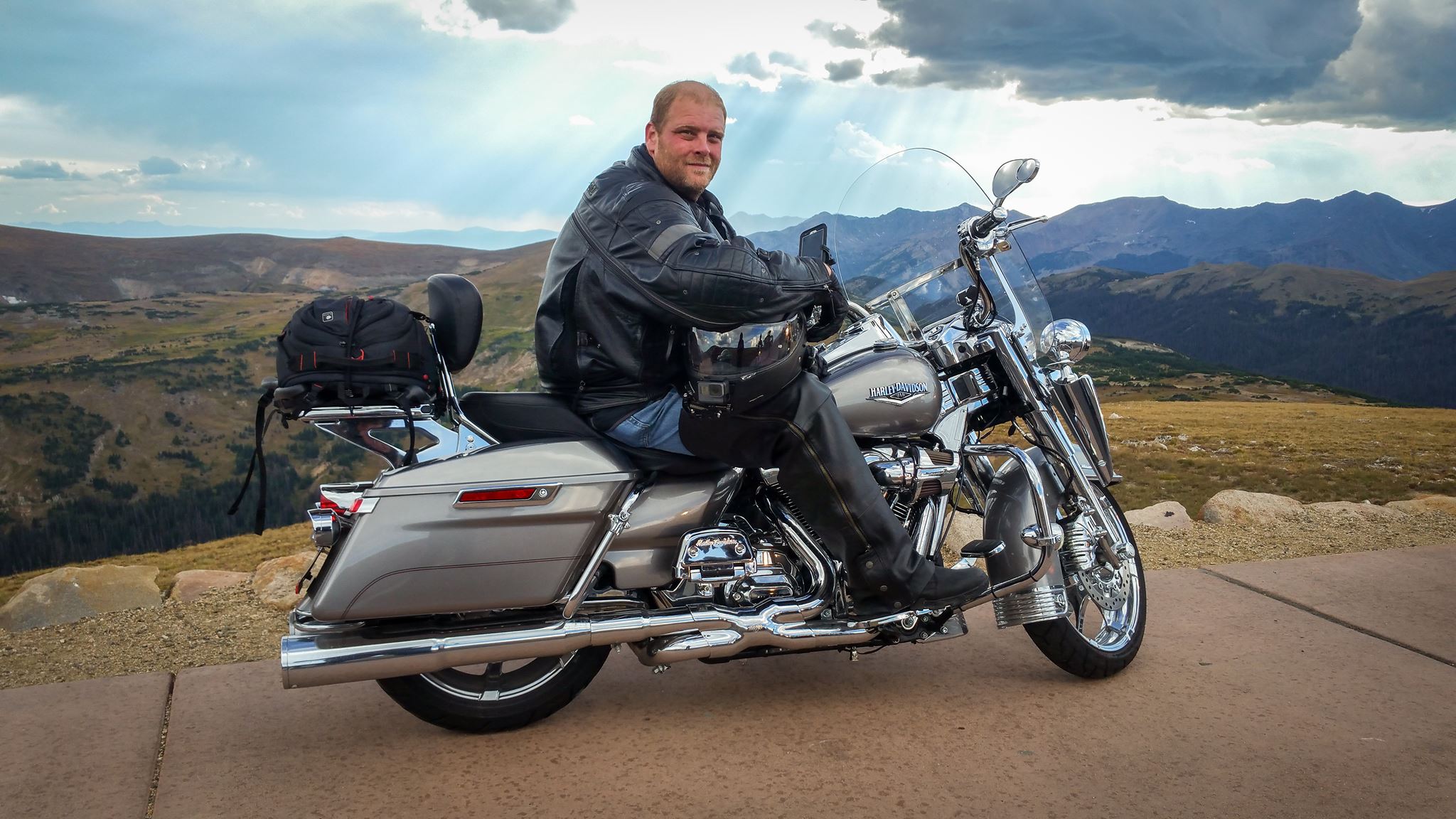 On the Harley at a mountain summit